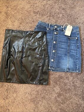 Black Faux Leather & Denim Mini Skirt